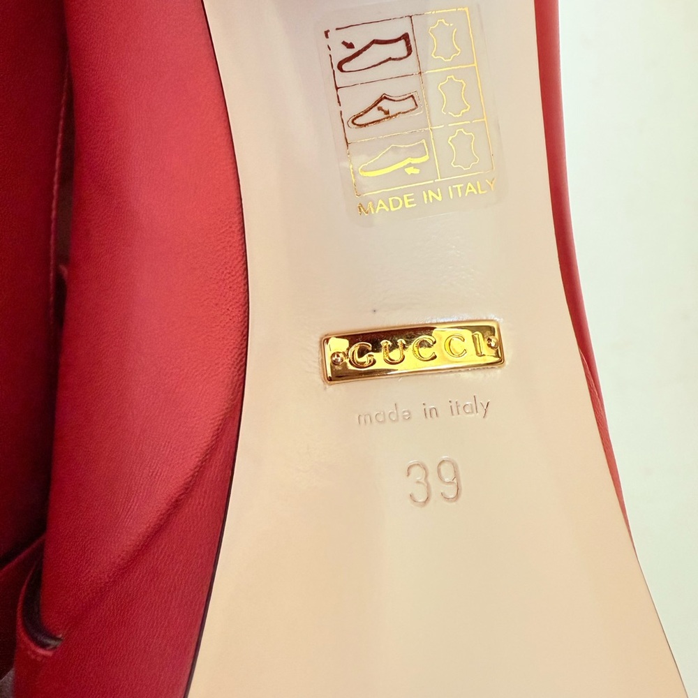 Gucci Hibiscus Red Leather Malaga Kid GG Marmont Fringe Platform Loafer Pumps 39 - Picture 11 of 15